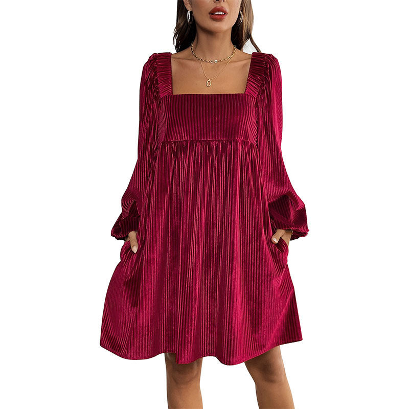 Women's velvety pleated babydoll dress with square neckline, balloon sleeves, and side pockets Mune Fashion