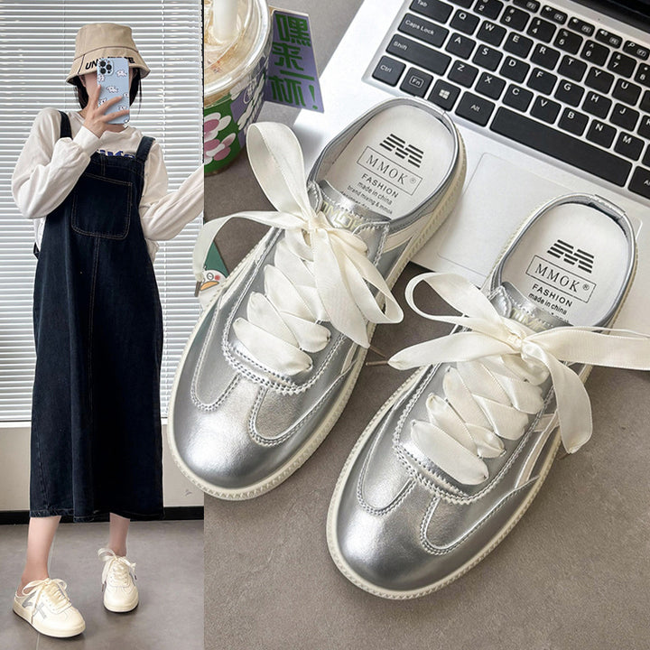 Women's Satin Lace-Up Mule Sneakers with Open Heel and Metallic Look Mune Fashion