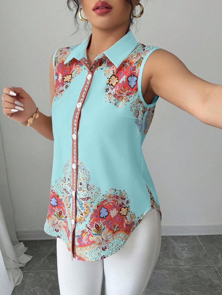 Women's Sleeveless Shirt Blouse with Kent Collar, A-Line Silhouette and Concealed Button Placket Mune Fashion