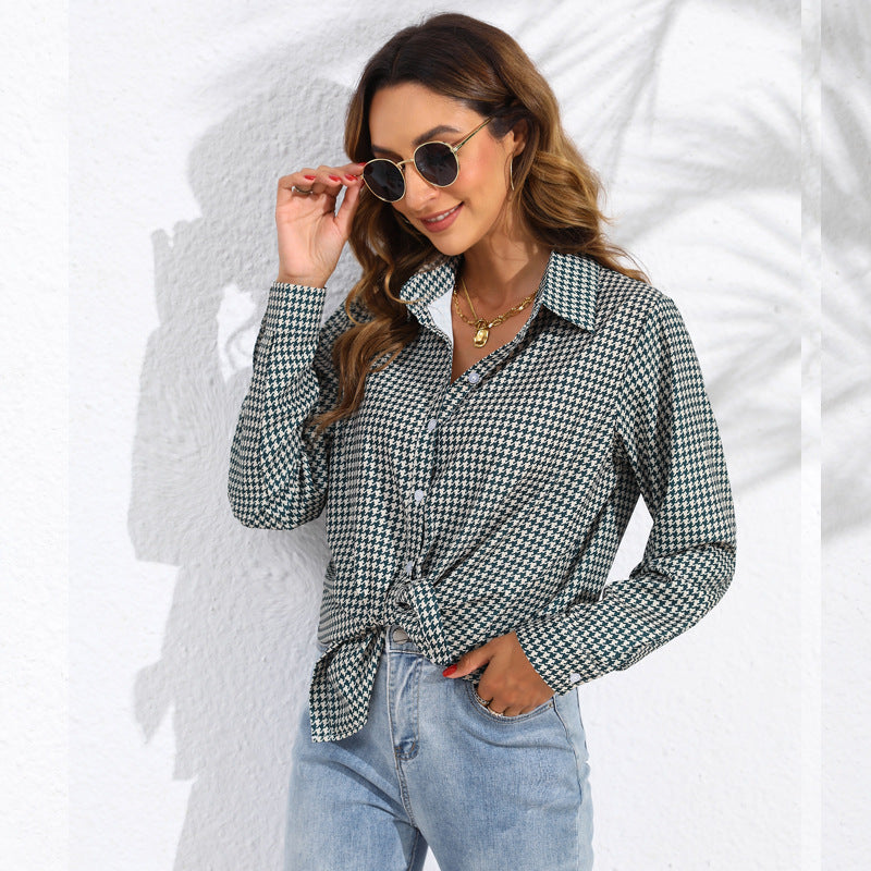 Women knotted houndstooth blouse with shirt collar and continuous button placket Mune Fashion