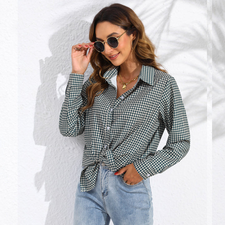 Women knotted houndstooth blouse with shirt collar and continuous button placket Mune Fashion
