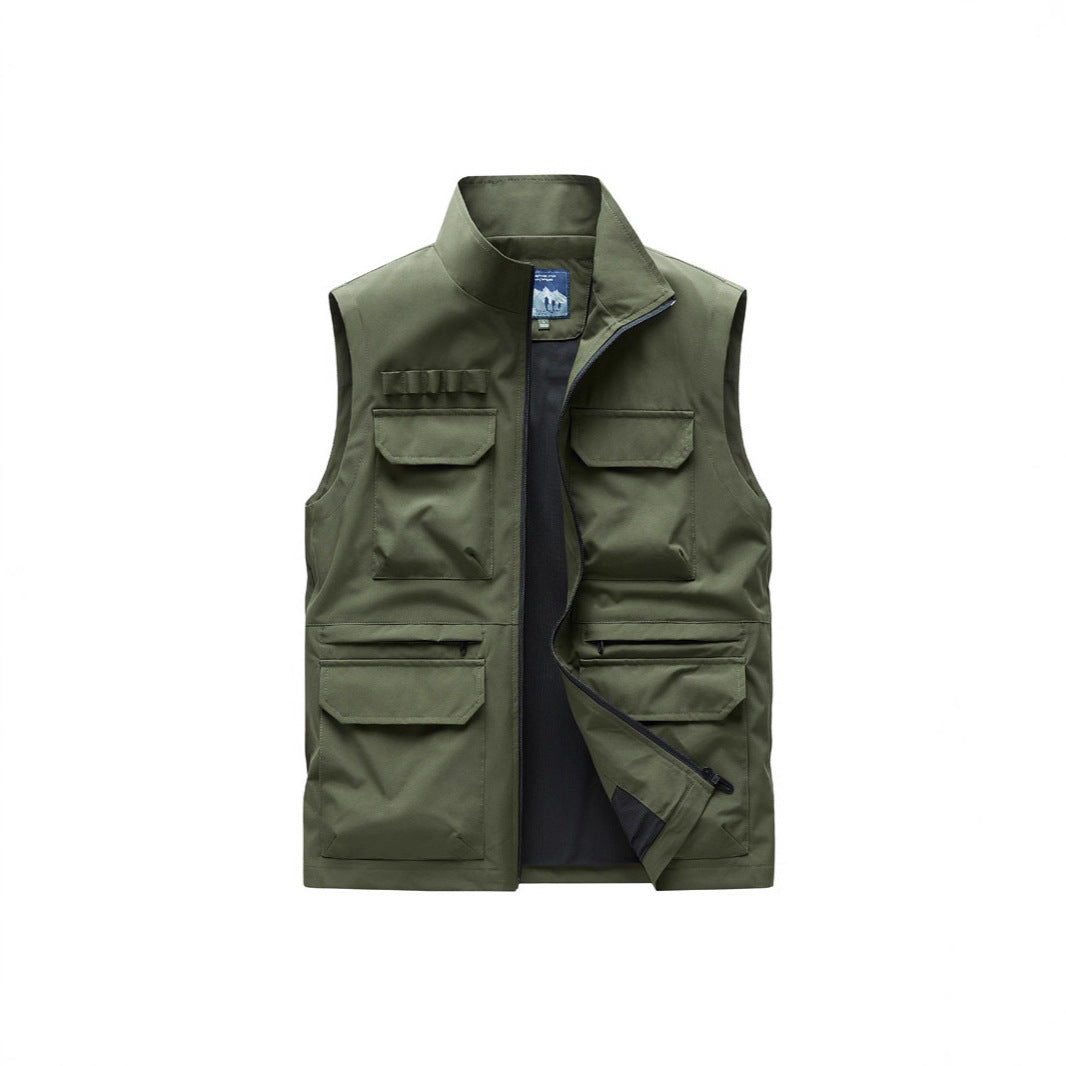 Men's Outdoor Utility Vest with eight multifunctional pockets, durable cotton blend, and wind protection collar Mune Fashion