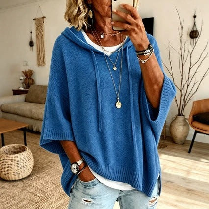 Women's oversized knit poncho with hood and short sleeves Mune Fashion