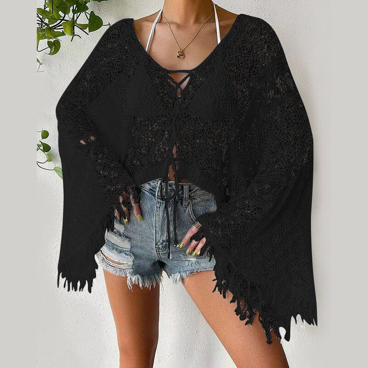 Women's Crochet Beach Top with Fringes and Deep V-Neck Mune Fashion