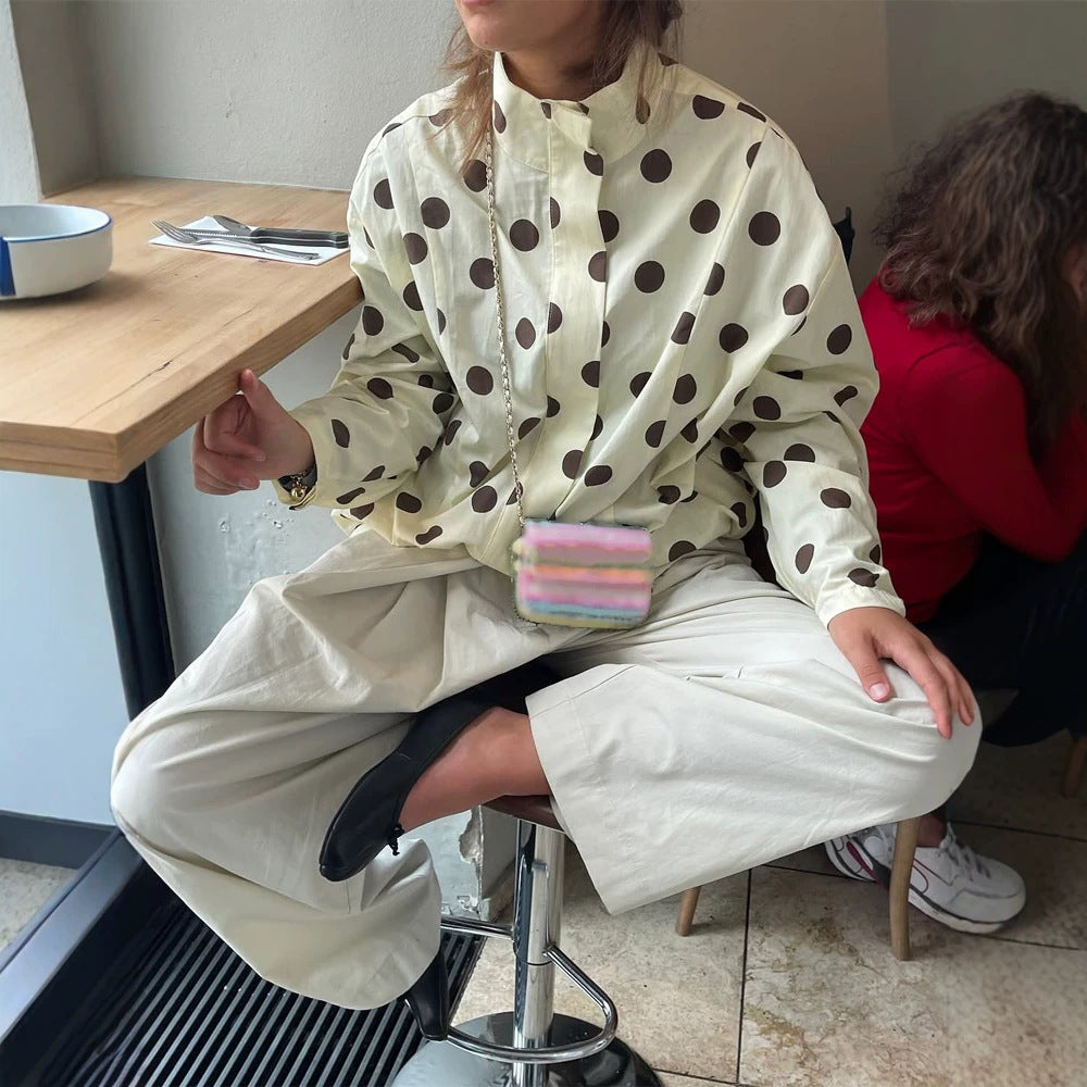 Women's Boxy Shirt Jacket with Stand Collar, Balloon Sleeves and Large Polka Dot Print Mune Fashion