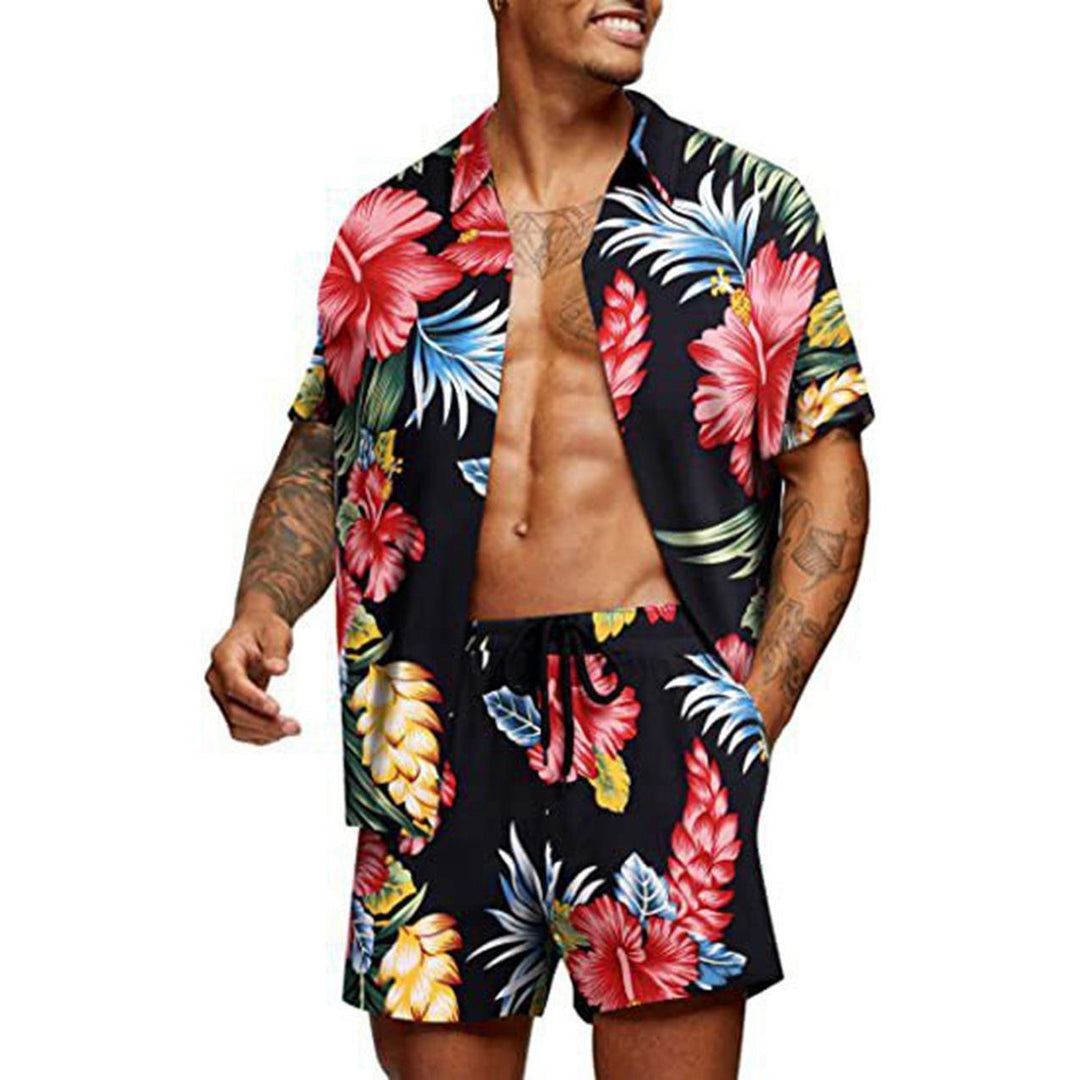 Men's tropical short sleeve shirt and swim shorts set with lapel collar, drawstring, and practical side pockets Mune Fashion