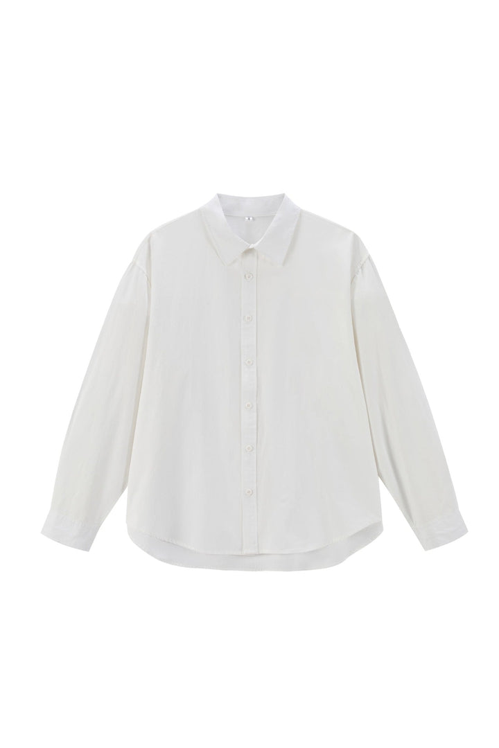 Women's Oversize Cotton Blouse with Kent Collar and Rounded Hem