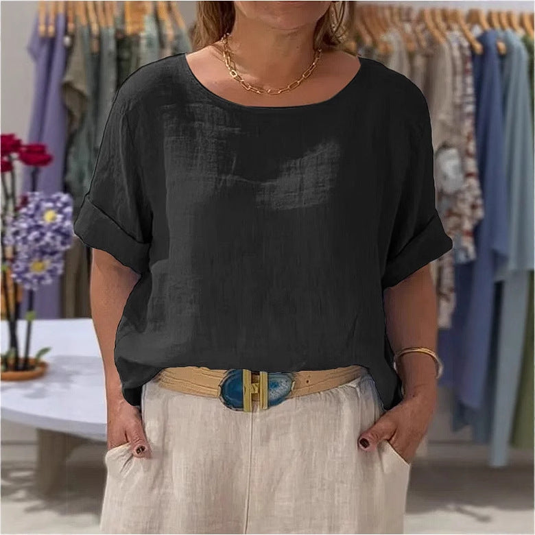 Women Lightweight Linen Blouse with Turned-up Sleeves Mune Fashion