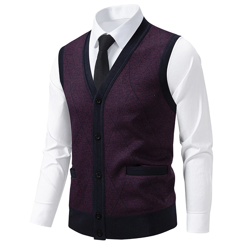 Men's fine-knit vest with V-neck, button placket and diamond pattern Mune Fashion