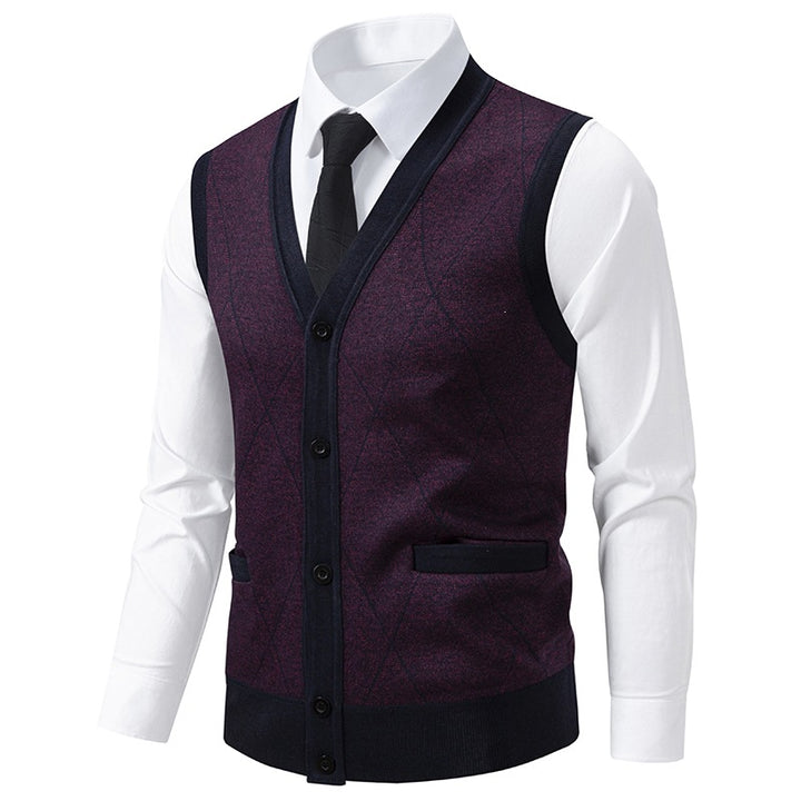 Men's fine-knit vest with V-neck, button placket and diamond pattern Mune Fashion
