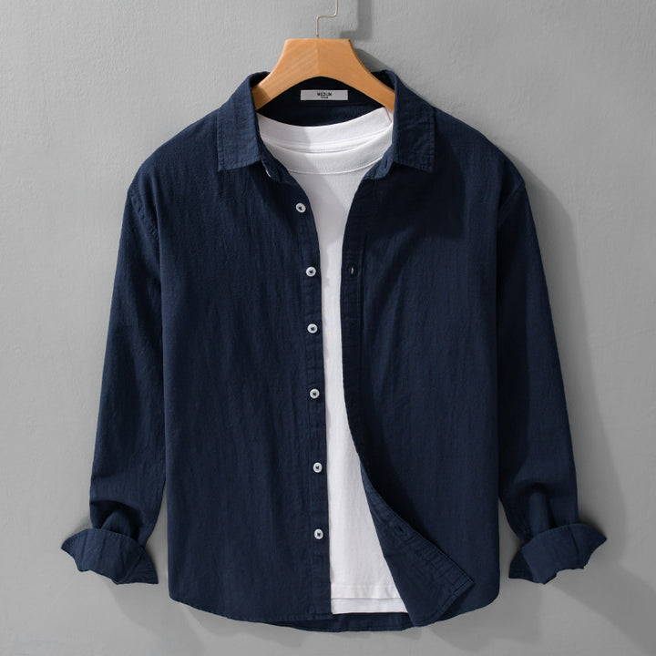Men's Lightweight Crinkle Linen Cotton Shirt in Layering Style with Kent Collar Mune Fashion