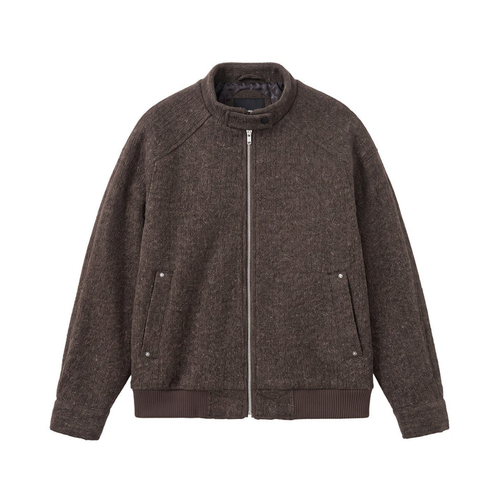 Men's Short Boxy Wool Mix Bomber with Stand-Up Collar and Ribbed Hem Mune Fashion