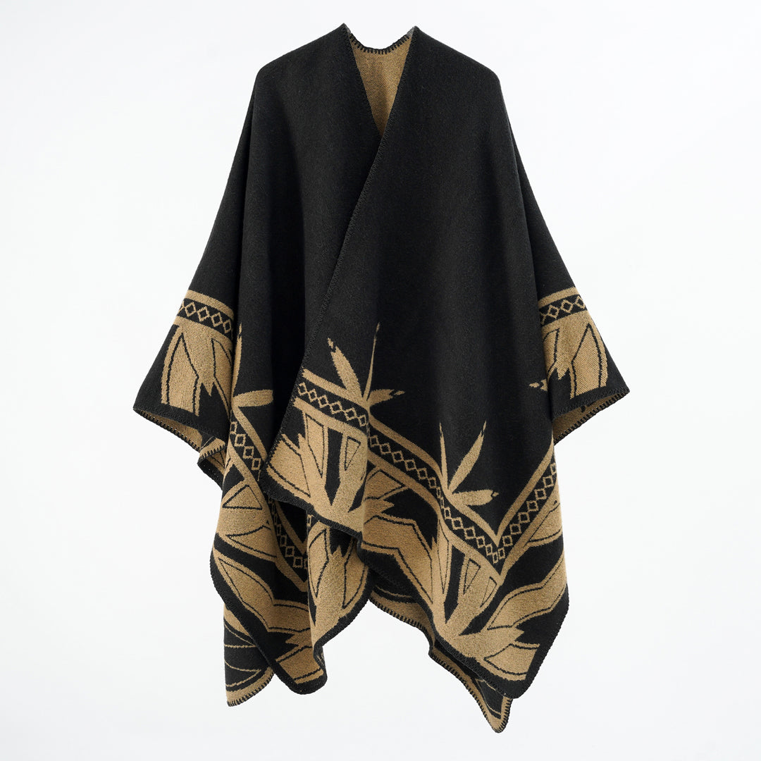 Women's Coarse Woven Poncho Cape made of Wool Blend with V-Neck and Ornamental Jacquard Mune Fashion