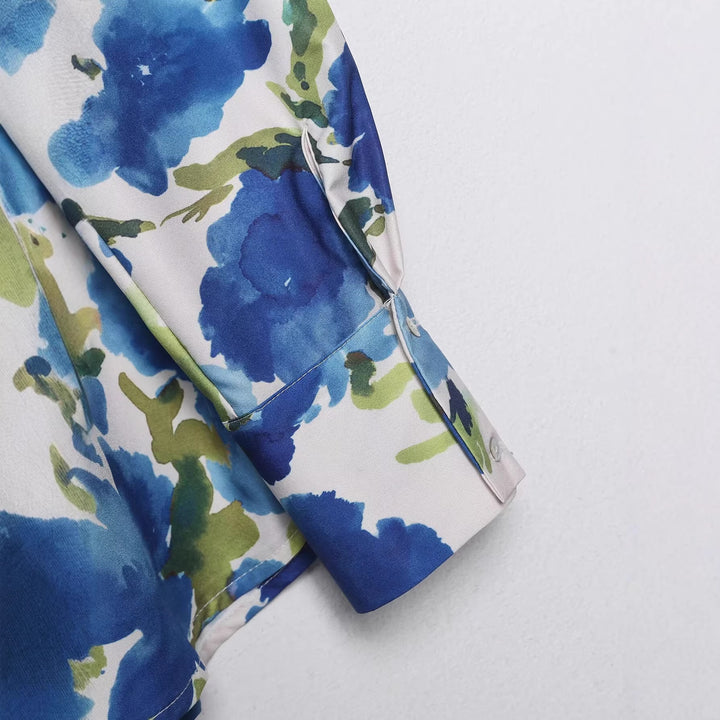 Women Loose-Fitting Silk-Like Blouse with Watercolor Print Mune Fashion