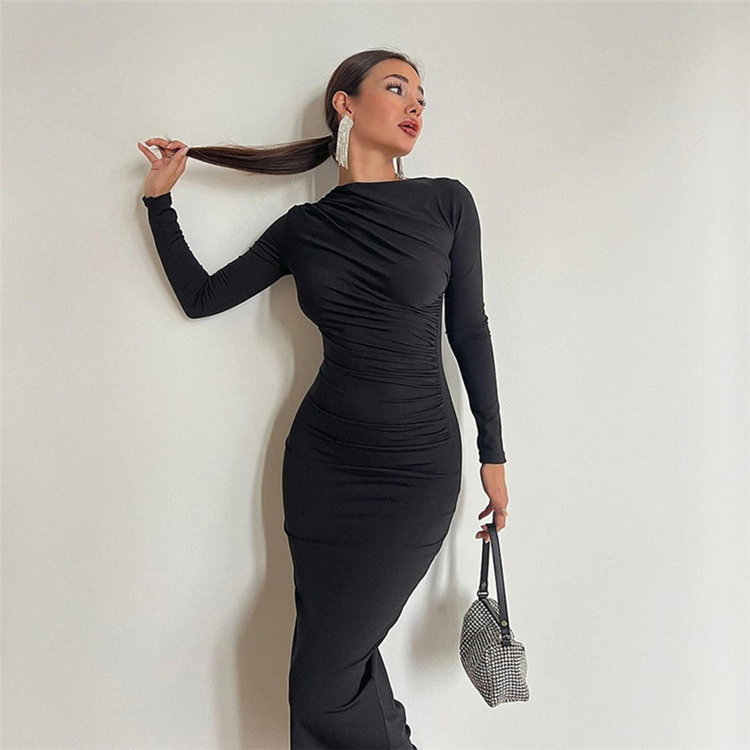Women's gathered maxi dress with asymmetrical neckline and fitted silhouette Mune Fashion