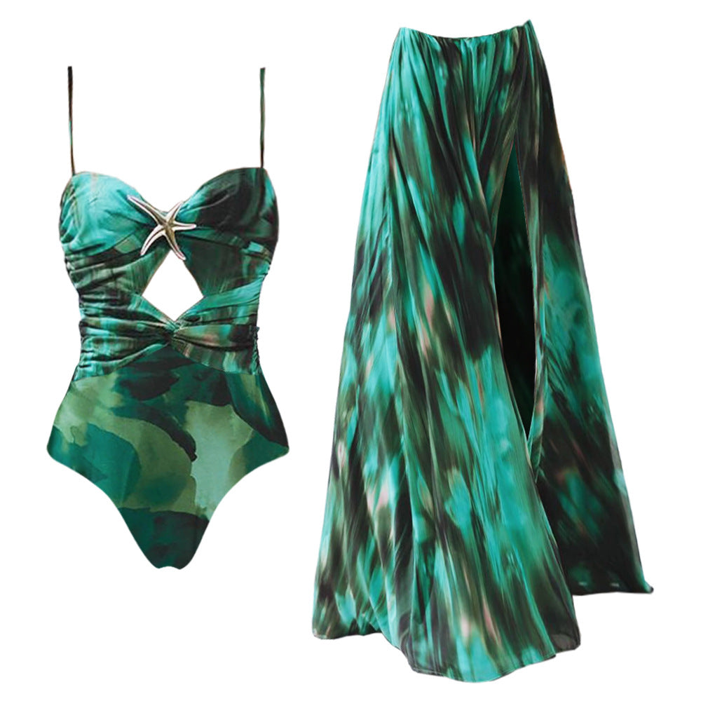 Women One-Piece Swimsuit with Sophisticated Cut-Out Design and Decorative Jewelry Mune Fashion