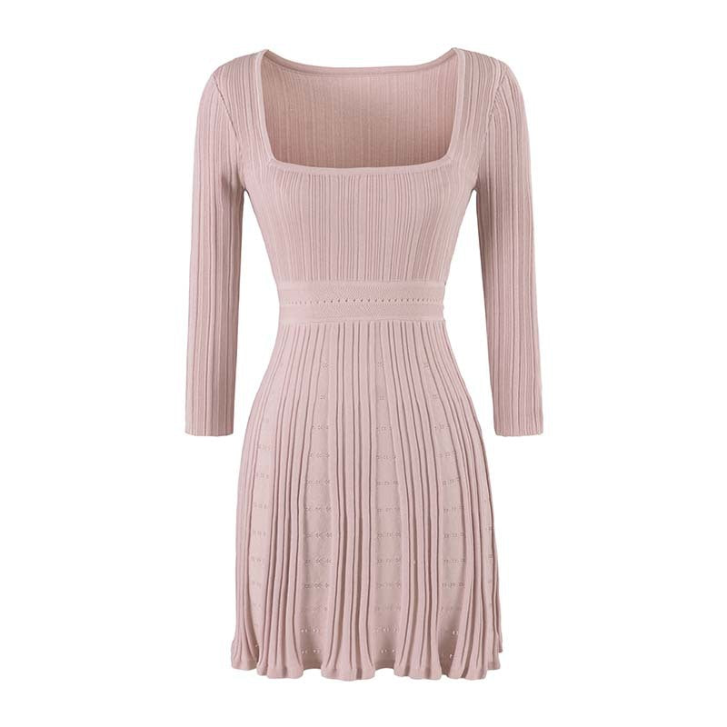 Women's Figure-Hugging Fine Knit Midi Dress with Square Neckline and Pleated Skirt Mune Fashion