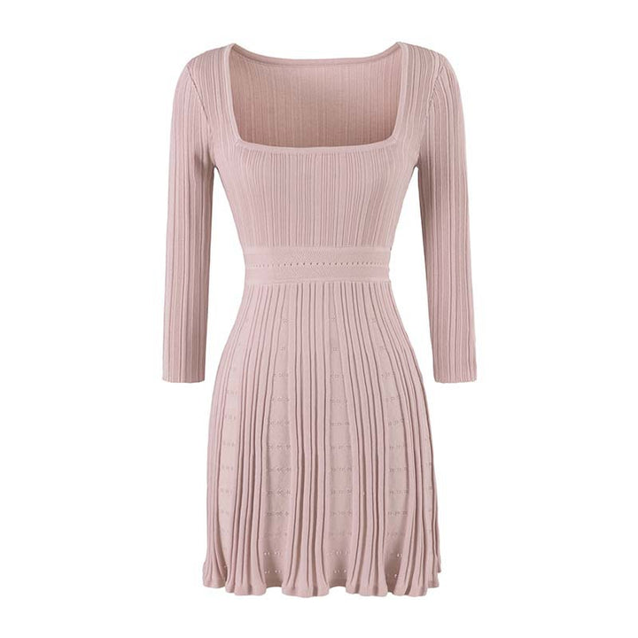 Women's Figure-Hugging Fine Knit Midi Dress with Square Neckline and Pleated Skirt Mune Fashion