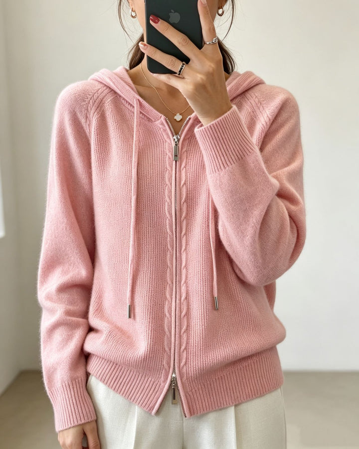 Women's hooded cardigan with zipper, fine knit and ribbed cuffs Mune Fashion