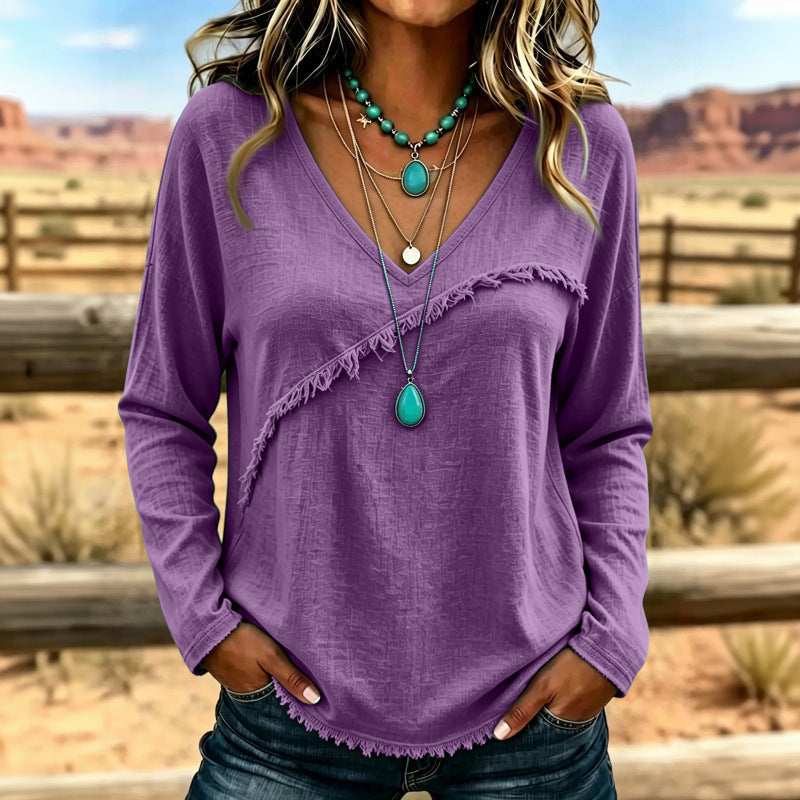 Women's Casual V-Neck Long Sleeve Shirt with Diagonal Fringed Trim and Textured Fabric Mune Fashion