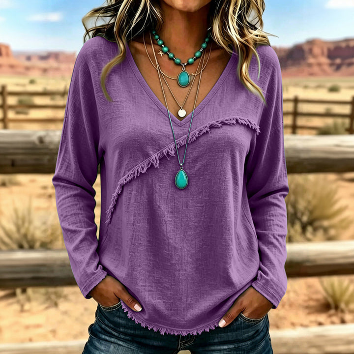 Women's Casual V-Neck Long Sleeve Shirt with Diagonal Fringed Trim and Textured Fabric Mune Fashion