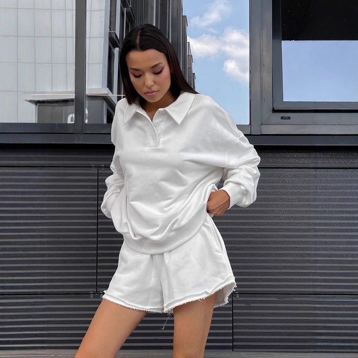 Women Polo Sweatshirt and frayed High-Waist Lounge Shorts Set Mune Fashion