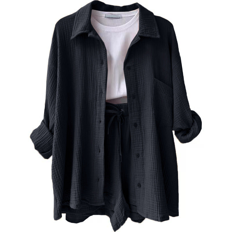 Women's casual oversized shirt and shorts set with chest pocket, drawstring, and brushed cotton texture Mune Fashion