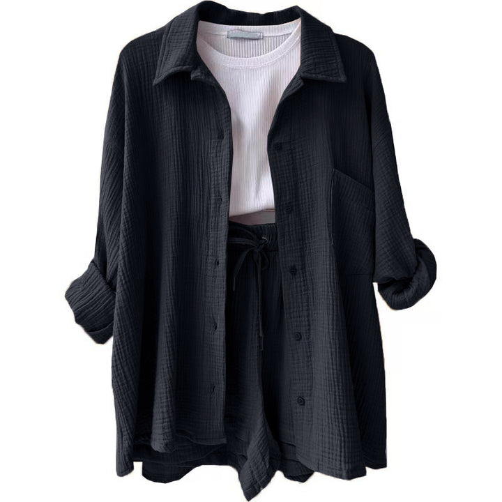 Women's casual oversized shirt and shorts set with chest pocket, drawstring, and brushed cotton texture Mune Fashion