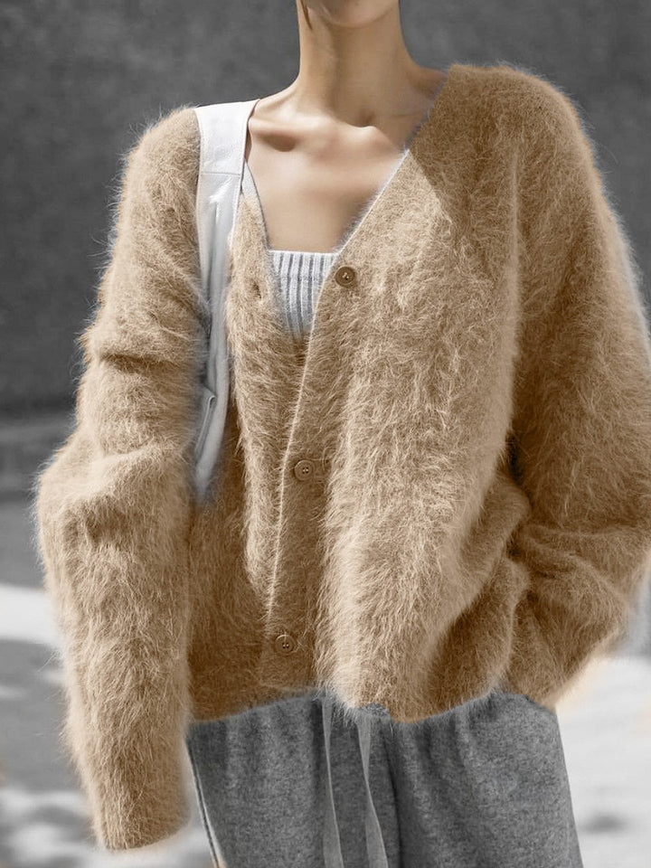 Women Fluffy Mohair-Optic Cardigan with V-Neck and Oversize Cut Mune Fashion