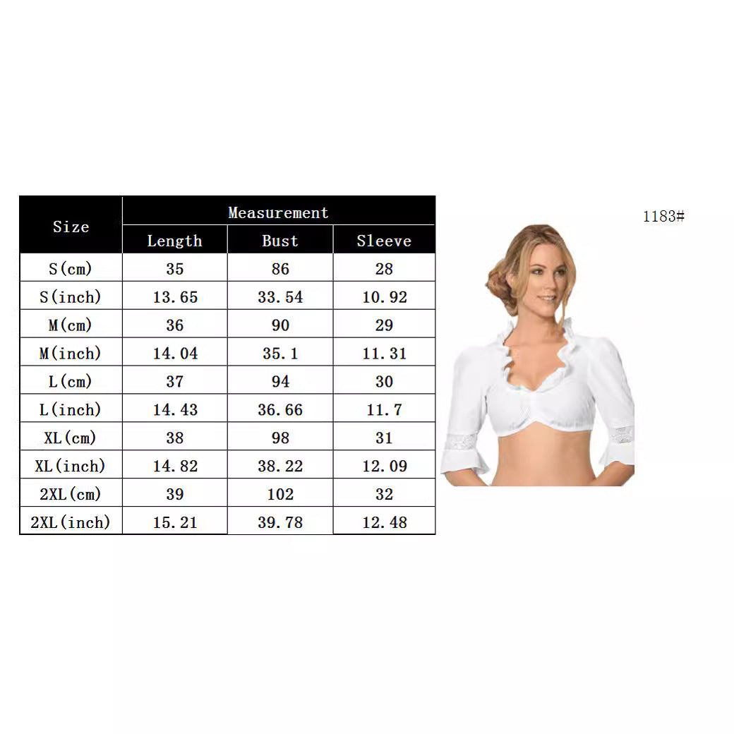 Women's traditional Dirndl blouse with ruffle neckline and lace trim as well as three-quarter sleeves Mune Fashion