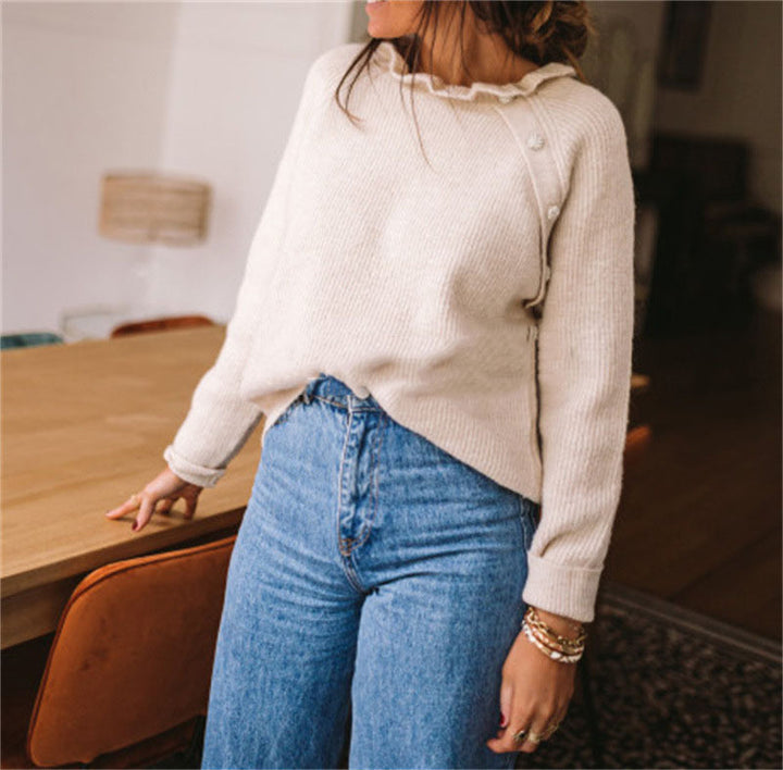 Women's ribbed sweater with ruffle collar and side button placket Drune
