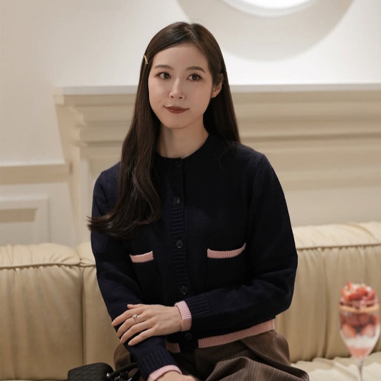 Women Short Cut Cardigan with Round Neckline, Contrast Piping and Button Closure Mune Fashion