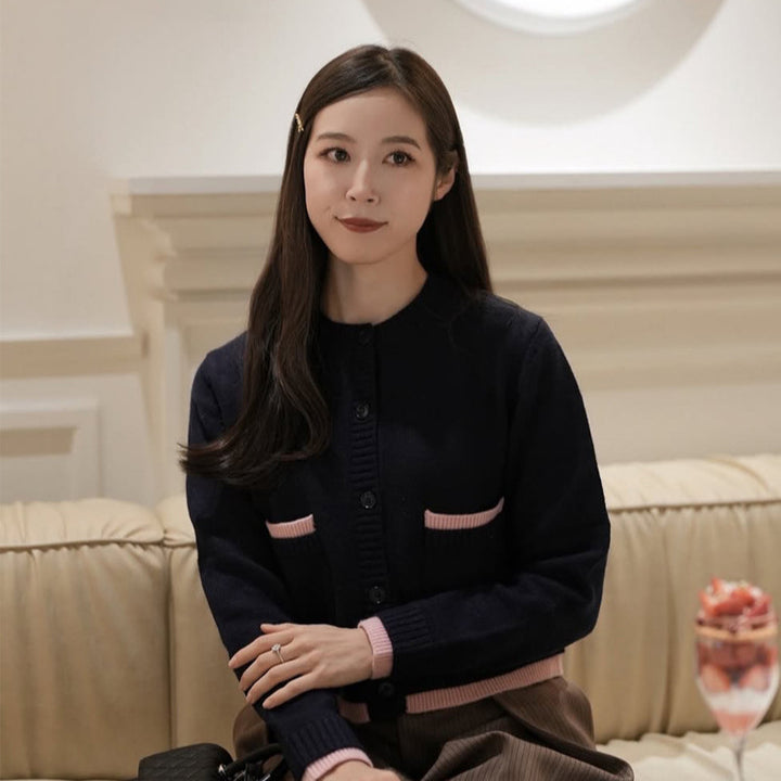 Women Short Cut Cardigan with Round Neckline, Contrast Piping and Button Closure Mune Fashion
