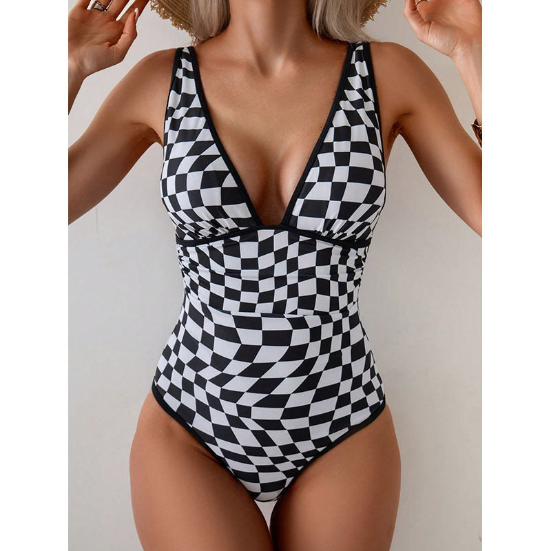 Ladies one-piece swimsuit in fashionable checkerboard design Mune Fashion