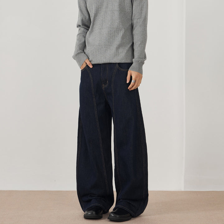 Men's Extra Wide Denim Palazzo Pants with Vertical Seam Panels and Floor-Length Silhouette Mune Fashion