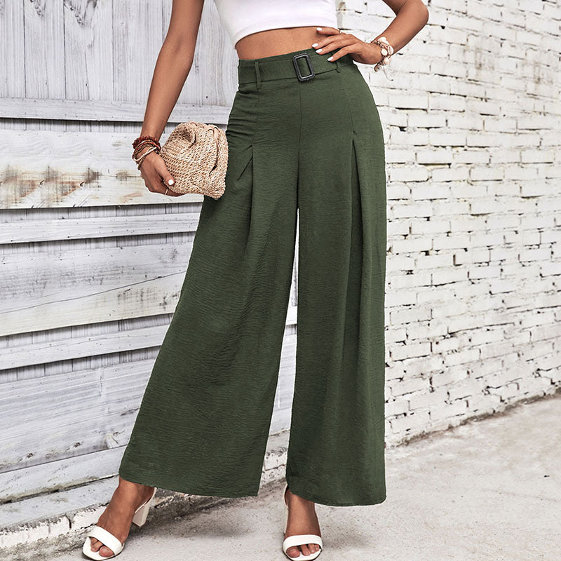 Women Elegant Culotte Pants with High Waist, Pleats and Decorative Loop Belt Mune Fashion