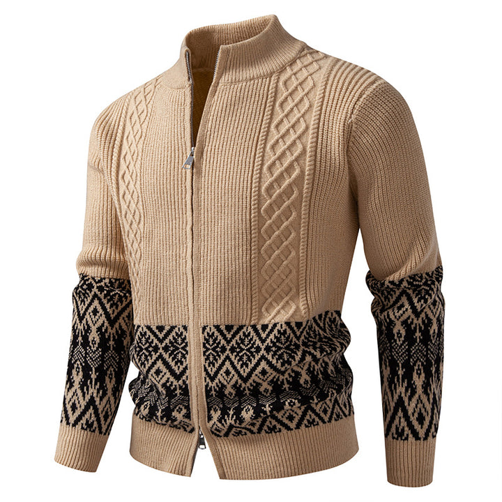 Men's High-Quality Norwegian Zip Cardigan with Cable Pattern and Stand-Up Collar Mune Fashion