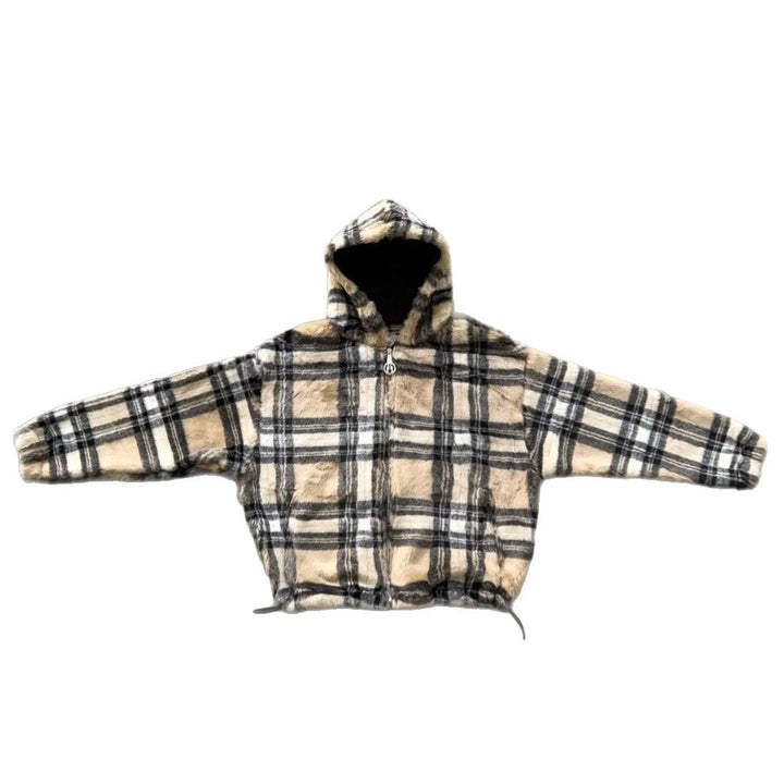Unisex non-padded plaid fleece bomber jacket with hood drawstring and zippered pockets Mune Fashion