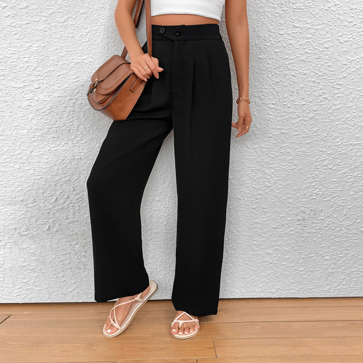 Ladies wide pleated trousers with high waist and button detail Mune Fashion