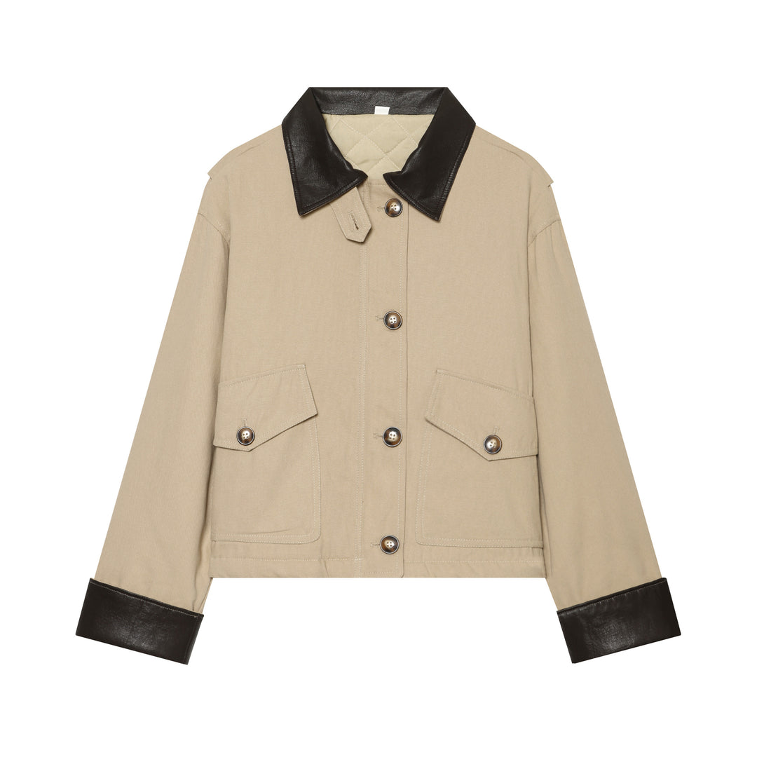 Women's Cropped Utility Jacket with Quilted Lining and Contrasting Leather Collar Mune Fashion