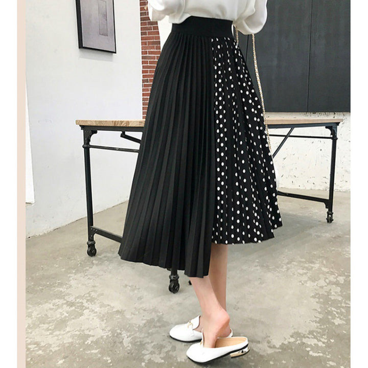 Women Asymmetric Pleated Midi Skirt with Polka Dot Panel and Elastic Waistband Mune Fashion