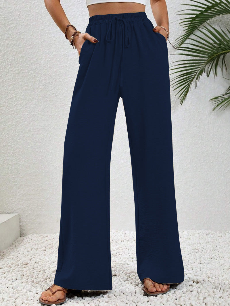Women Wide Palazzo Pants with High Elastic Waistband, Drawstring and Side Pockets Mune Fashion