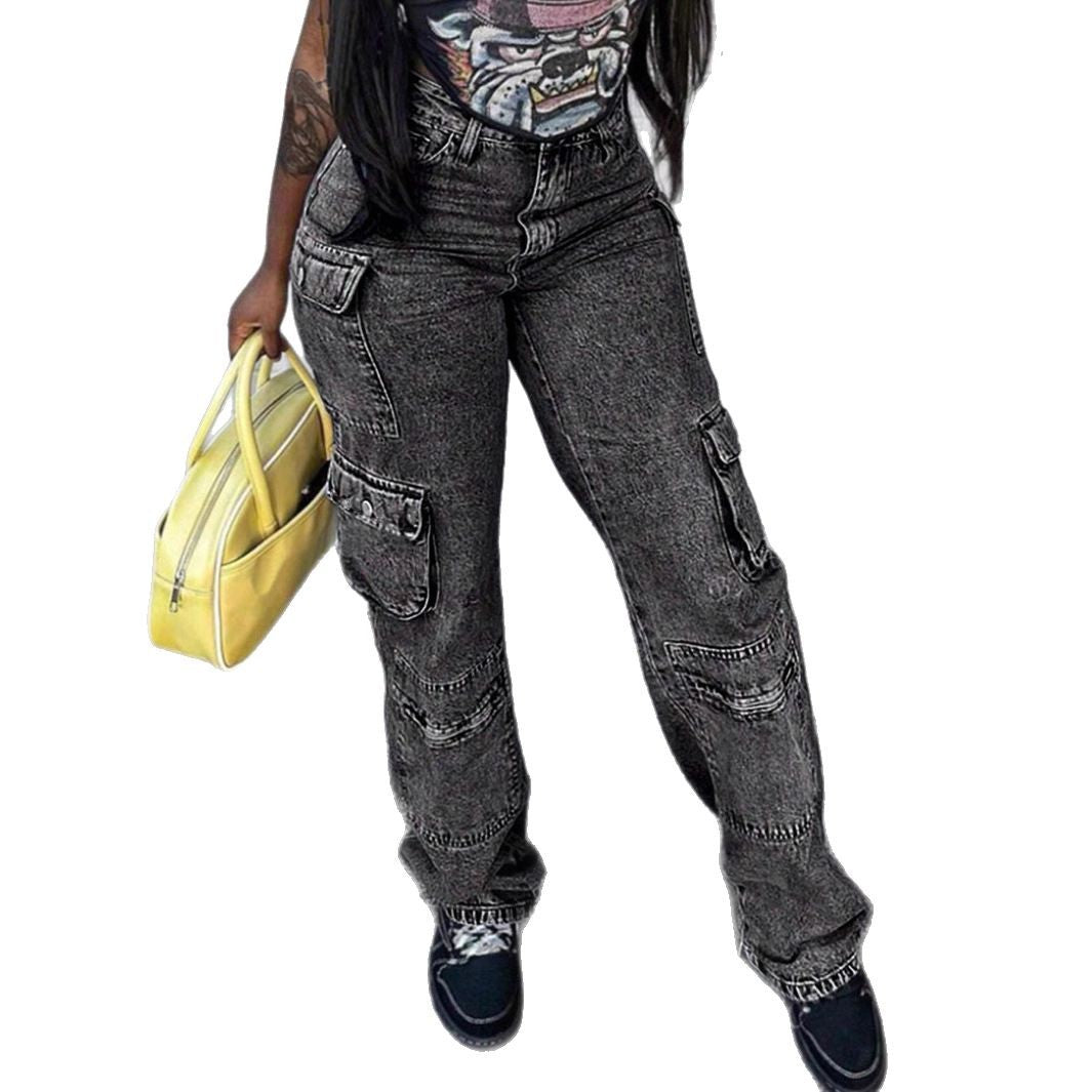 Women's Cargo Denim Pants with High Waist, Loose Baggy Cut and Functional Flap Pockets Mune Fashion