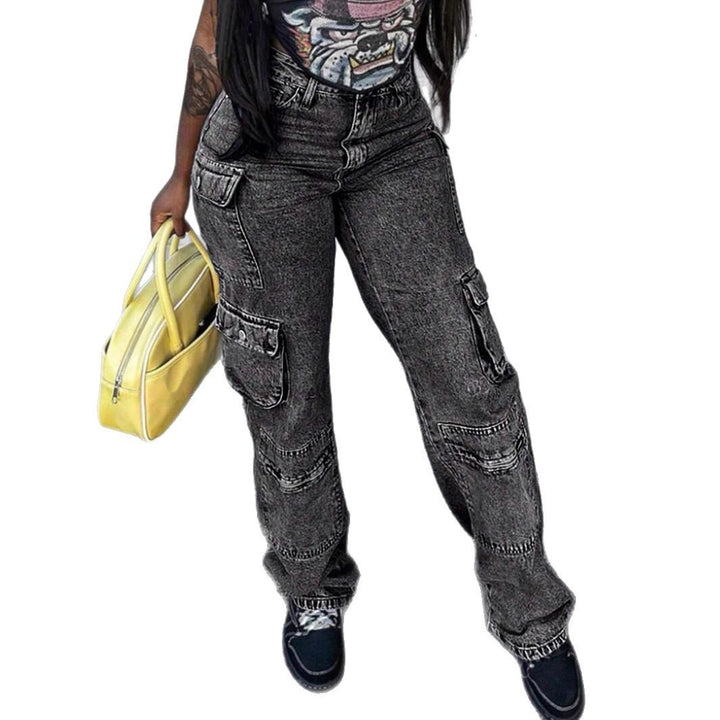 Women's Cargo Denim Pants with High Waist, Loose Baggy Cut and Functional Flap Pockets Mune Fashion