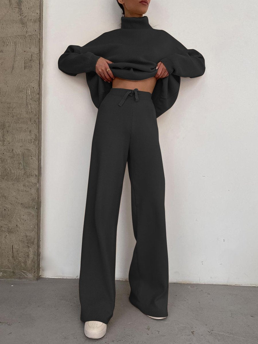 Women Wide Knit Pants with High Waist, Drawstring, and Wide Leg Mune Fashion