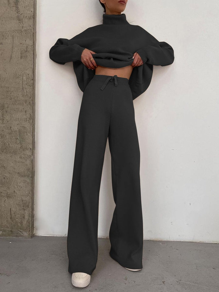 Women Wide Knit Pants with High Waist, Drawstring, and Wide Leg Mune Fashion