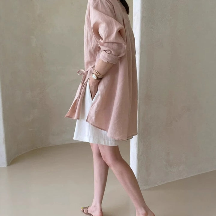 Women loose-fitting linen shirt blouse with stand-up collar, drawstring waist and full button placket Mune Fashion