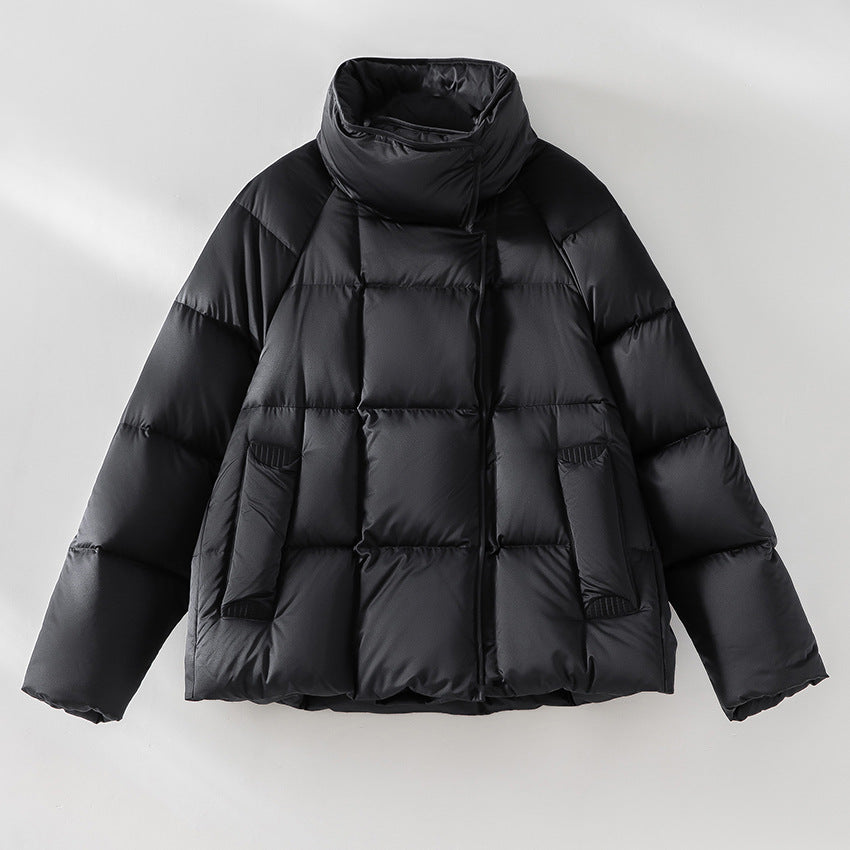 Women Short Boxy Puffer Jacket with High Stand Collar and Raglan Sleeves Mune Fashion