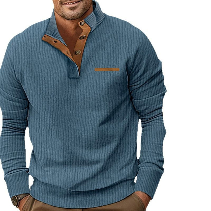 Men's structured half-button stand collar pullover with suede elbow patches Mune Fashion