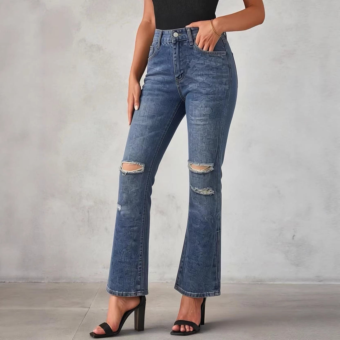 Women nan High-Waist flared jeans with distressed knee area and structured denim look Mune Fashion